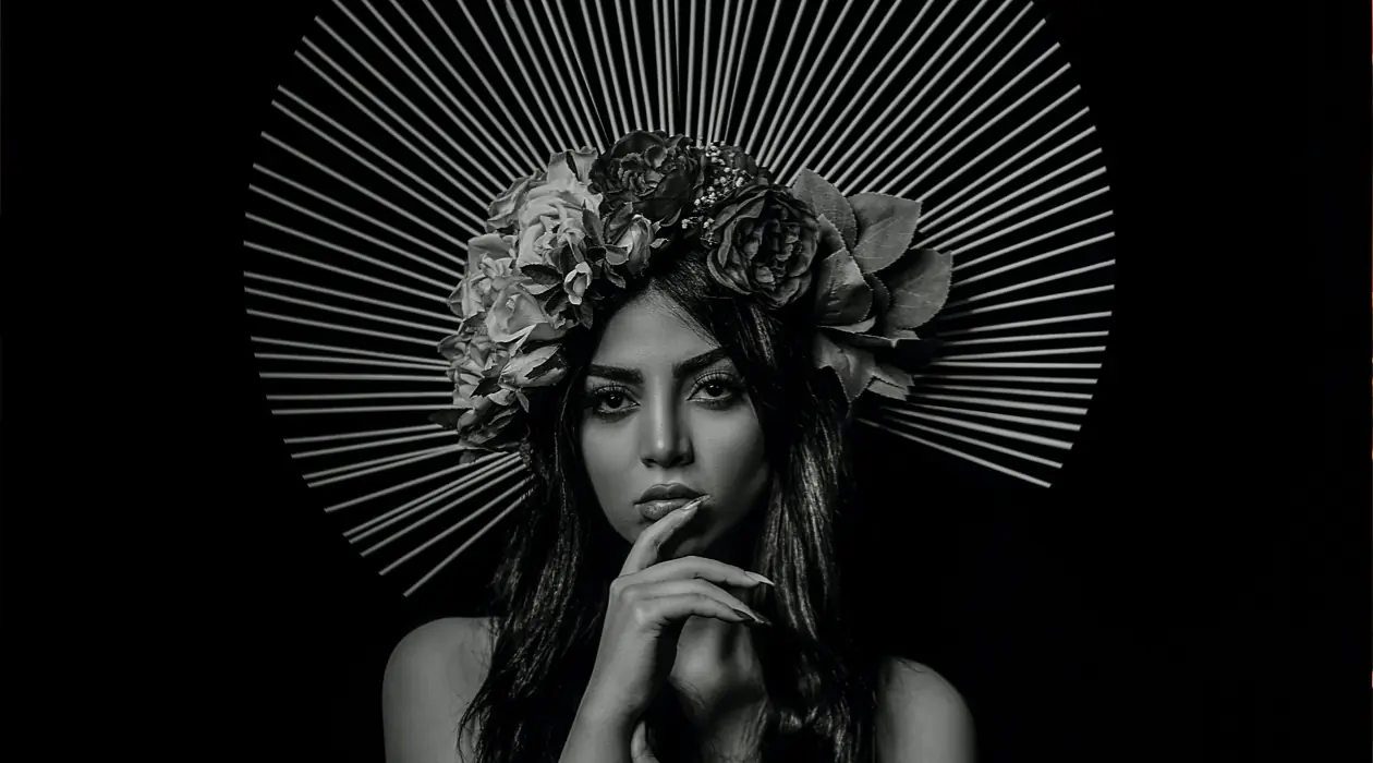 A woman wearing a floral headdress is posed with her hand near her chin, set against a dark background with radiating lines.