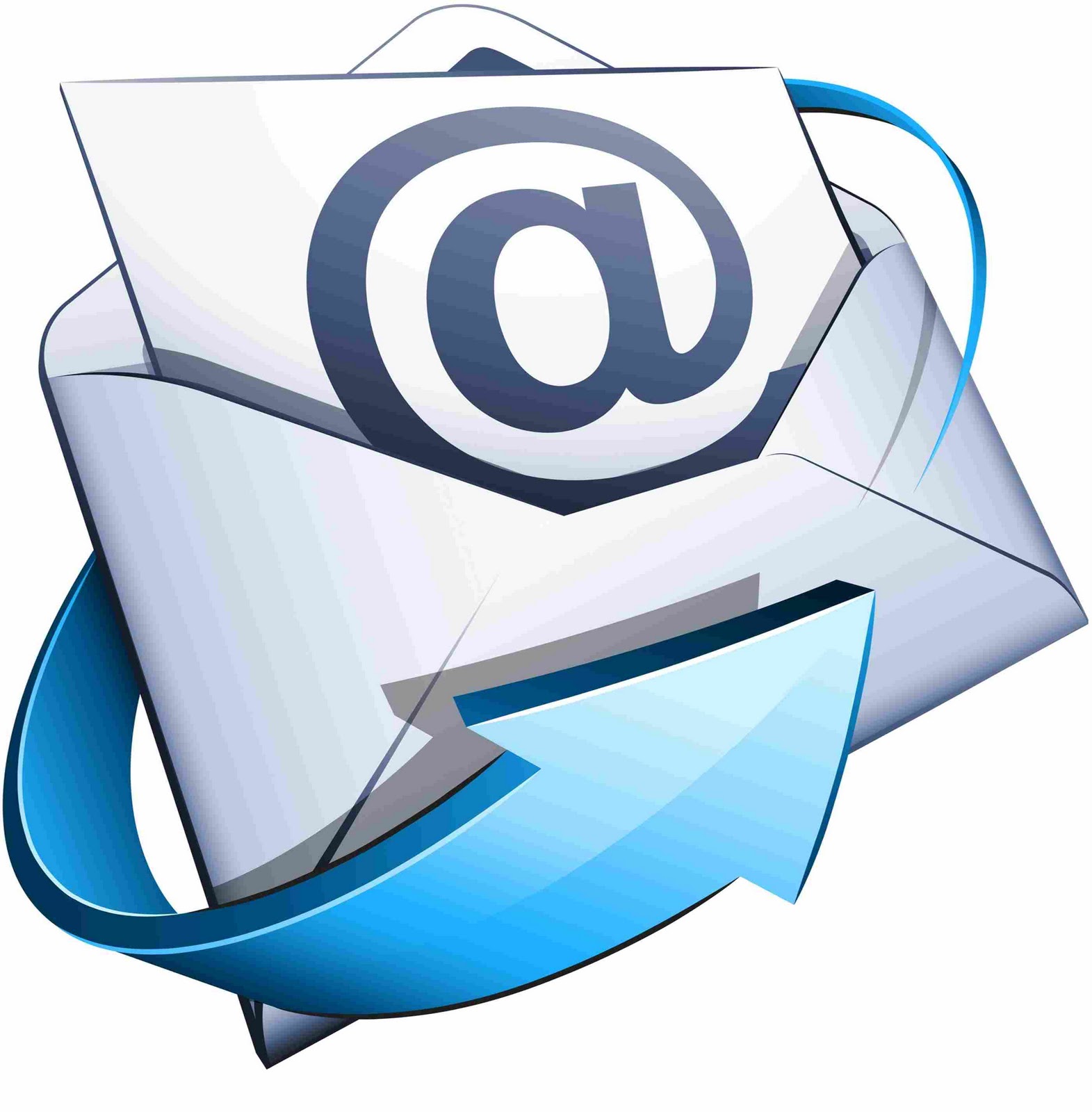 An envelope with an "@" symbol and a blue arrow, representing email communication.